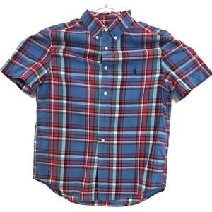Ralph Lauren Shirt Boys Large 14-16 Blue Red Plaid Short Sleeve Button Down